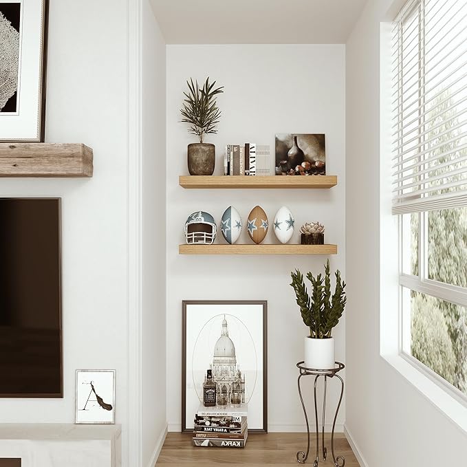 Floating Shelves for Wall 24 inchs Long, 9.2” deep x 1.5” Wall Shelf for Bedroom, Bathroom, Living Room, Kitchen, Office Home Decor, Deep Wood Shelves with Invisible Brackets, Set of 2, Oak