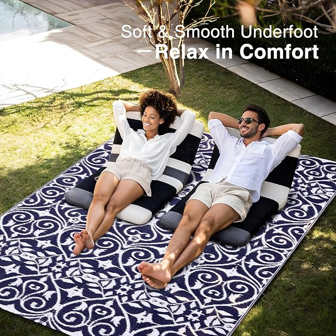 OLANLY Outdoor Rug Waterproof 5x8 ft Clearance, Reversible Outdoor Plastic Straw Rug with Floral Pattern, RV Mat for Patio, Camping, Balcony, Deck, Backyard, Navy & White