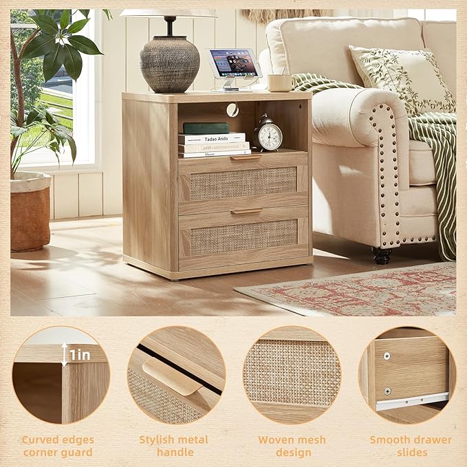 LEYAOYAO Boho Rattan Coffee Table and End Table Sets, 48" Wide Center Tables & 23" Night Stand with Charging Station Chest of Drawers, Natural Wood Coffee Table for Living Room 2 Piece Set