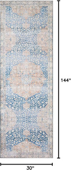 Loloi Layla Collection LAY-07 Blue/Tangerine 2'-6" x 12'-0" .13" Thick Runner Rug, Soft, Durable, Vintage Inspired, Distressed, Low Pile, Non-Shedding, Easy Clean, Printed, Living Room Rug