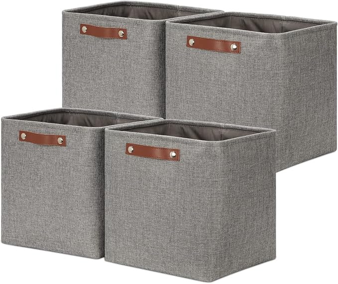 DULLEMELO 12 inch Cube Storage Bins, Large Collapsible Grey Storage Baskets for Square Cubes Organizing, Fabric Boxes Bins for Shelves Nursery Home Office Storage(4 Pack - 12" Grey)