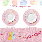 Whaline 4Pcs Round Bunny Easter Placemats Pink Rabbit Embroidered Place Mats Spring Cute Rabbit Dinner Table Mat Easter Dining Kitchen Table Mats for Home Wedding Baby Shower Birthday Party Decor