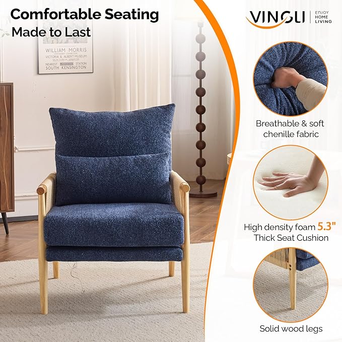 VINGLI Boho Braid Accent Armchair,Mid-Century Modern Chiar with Solid Wooden Armrest,Comfy Louge Cushion Chair with Waist Pillow for Bedroom,Living Room,Reading Room, Blue