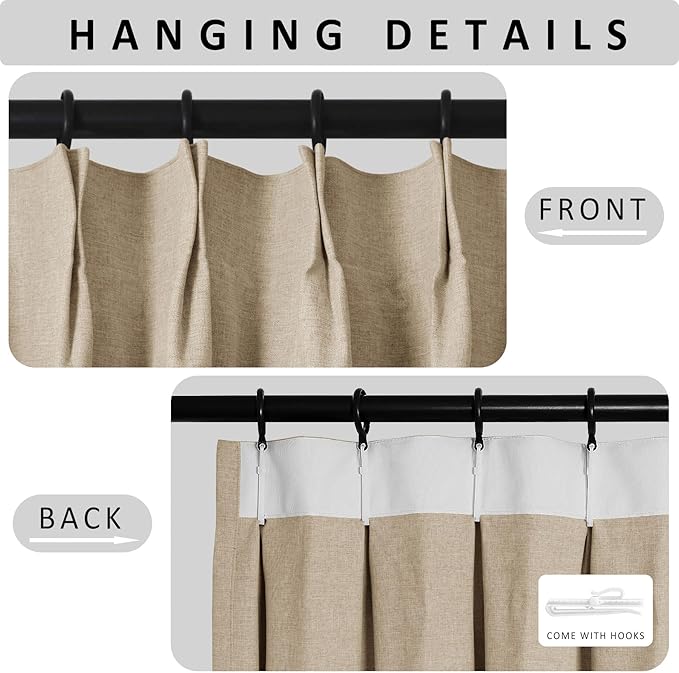 Macochico 100% Blackout Pinch Pleated Linen Curtains Thermal Window Treatments Sound Reducing Curtains for Bedroom Living Room Sand Beige Farmhouse Burlap Drapes with Tieback 52”Wx63”L 1 Panel