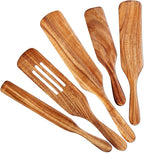 5 Pcs Wooden Spurtle Set, Natural Teak Kitchen Utensil Set Heat Resistant Non-Stick Wooden Spoons Tools for Cooking, Stirring, Mixing, Serving, Spurtles Kitchen Tools As Seen On TV
