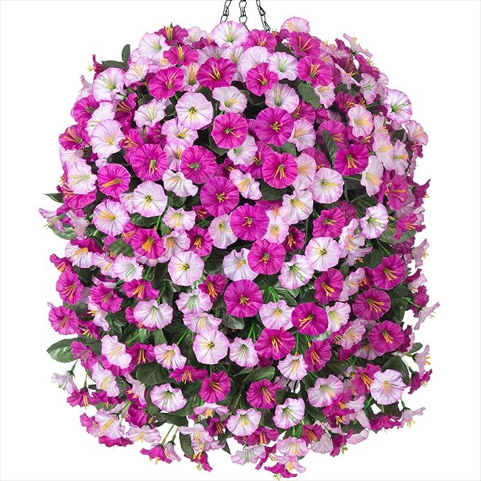 Artificial Fake Hanging Flowers Basket for Outdoor Indoor Decoration,UV Resistant Faux Silk Light Fuchsia and Fuchsia Morning Glory Flowers Plants Realistic Hanging Planter for Outside Home Porch Yard