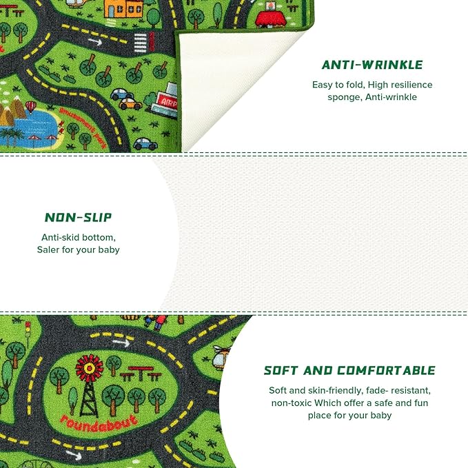 Kids Carpet Playmat Rug 5 x 7 ft Player Car Rug, City Life Traffic Road Map Mat Educational Game Area Mat for Toddler Children Playroom Classroom Bedroom(Green)