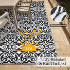 OLANLY Outdoor Rug Waterproof 6x9 ft Clearance, Reversible Outdoor Plastic Straw Rug with Floral Pattern, RV Mat for Patio, Camping, Balcony, Deck, Backyard, Black & White