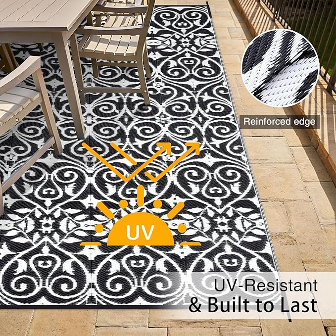 OLANLY Outdoor Rug Waterproof 9x12 ft Clearance, Reversible Outdoor Plastic Straw Rug with Floral Pattern, RV Mat for Patio, Camping, Balcony, Deck, Backyard, Black & White