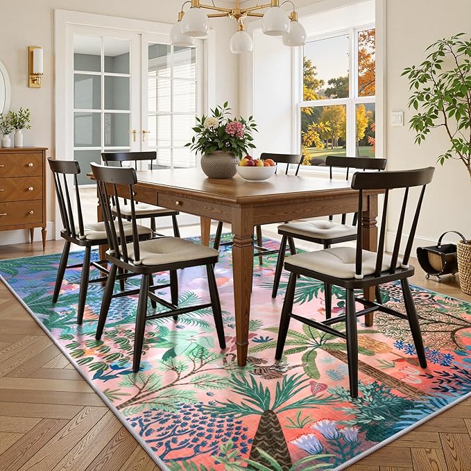 LIVEBOX Washable 6x9 Rug for Living Room, Soft Jungle Animal Print Rugs for Bedroom Aesthetic, Non Slip Purple Boho Rug Botanical Kids Rugs for Bedroom Girls,Stain Resistant Kid Rug for Playroom