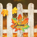 Maple Leaf Fall Decor, Fall for Jesus He Never Leaves Decor Sign Farmhouse Autumn Wreaths for Front Door Christian Jesus Hanger Sign Home Wall Autumn Halloween Thanksgiving Decoration