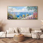 XLSJERST Extra Large Coastal Wall Art - Ocean Seascape Canvas Yellow Green Flowers Painting Landscape Sailboat Picture Artwork Modern Large Framed for Living Room Bedroom Home Office Decor