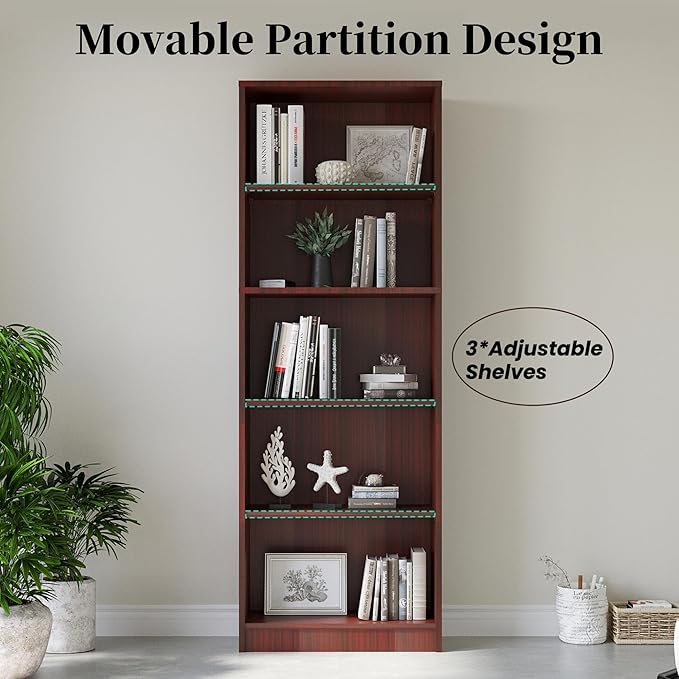 Bookshelf, Open Modern Bookshelf, 5 Shelf Bookcase with Freestanding Display Storage, Wooden Book Shelf for Bedroom, Living Room, Dinning Room, Office,Brown