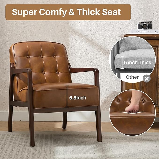 Faux Leather Accent Chair Set of 2, Mid Century Chair for Living Room, Upholstered Comfy Lounge Armchair with Solid Wood Frame, Modern Chair for Bedroom,105°Ergonomic Comfort, Brown