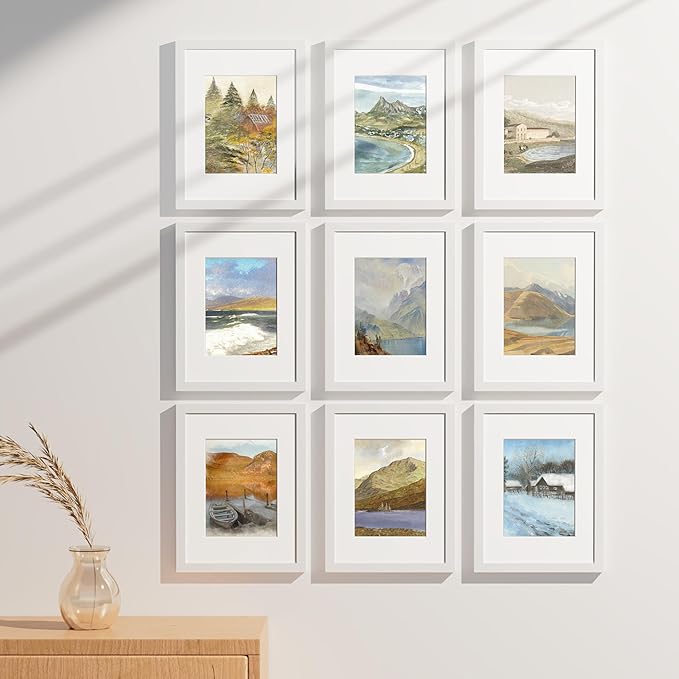 Vittanly 9x12 Picture Frames Set of 9, Shatter Resistant Plexiglass, Display 6x8 Pictures with Mat or 9x12 without Mat, Photo Frames for Wall or Tabletop, Engineered Wood, White
