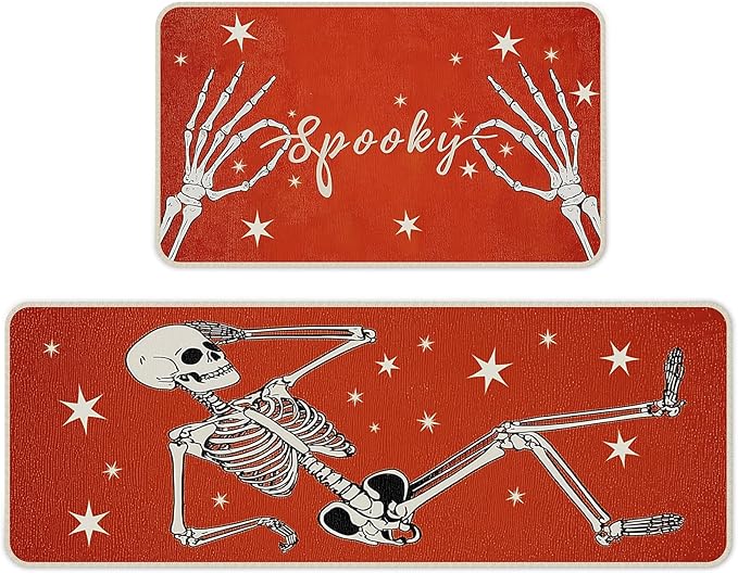 Halloween Kitchen Mat Set of 2, Spooky Skeleton Gothic Halloween Kitchen Decor, Halloween Rug for Floor, Indoor Spooky Home Decor with Non-Slip Backing,17 x 29 Inch & 17 x 47 Inch