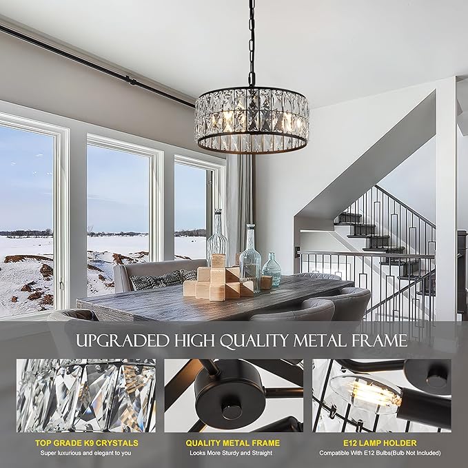 12” 3-Light Modern Crystal Chandeliers Black Dinning Room Light Fixture, Round Pendant Light Kitchen Island Chandelier, Flush Mount Ceiling Light for Living Room Entryway Bedroom Foyer