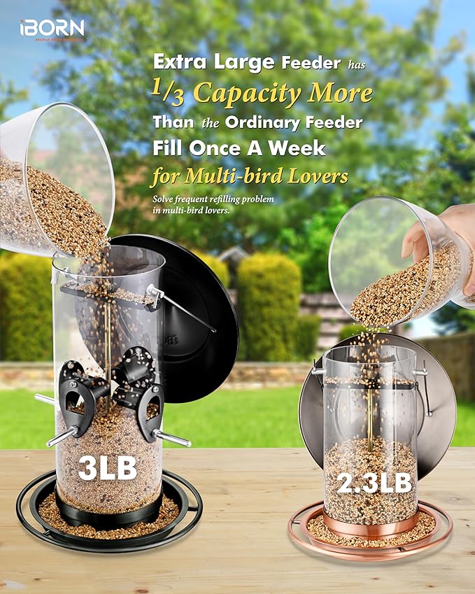 iBorn Metal Bird Feeder for Outside Hanging,Wild Bird Feeders for Cardinal,18cm Large Roof&Tray Black 10 Port(Seed is not Included)