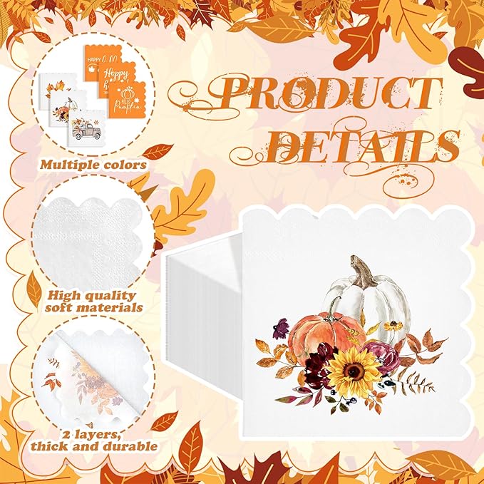 150 Pcs 5 x 5 Inches Fall Thanksgiving Paper Napkins Autumn Pumpkin Scalloped Cocktail Napkins for Decoupage Disposable Autumn Harvest Party Supply Bathroom Table Dessert Dinner Wedding Decor