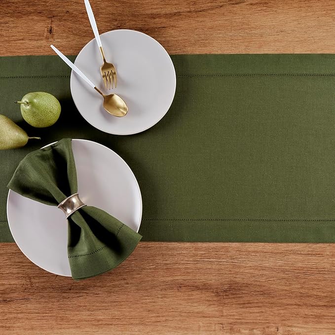 Solino Home Linen Olive Table Runner 120 Inches Long - 100% Pure Linen Hemstitch 14 x 120 Inch Table Runner for Dining, Fall, Autumn, Thanksgiving - Classic Hemstitch