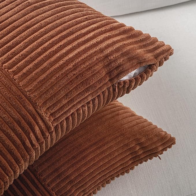 Fancy Homi 2 Packs Rust Lumbar Decorative Throw Pillow Covers 14x24 Inch for Couch Bed Sofa, Rustic Farmhouse Boho Home Decor, Soft Striped Corduroy Rectangle Accent Terracotta Cushion Case 35x60 cm