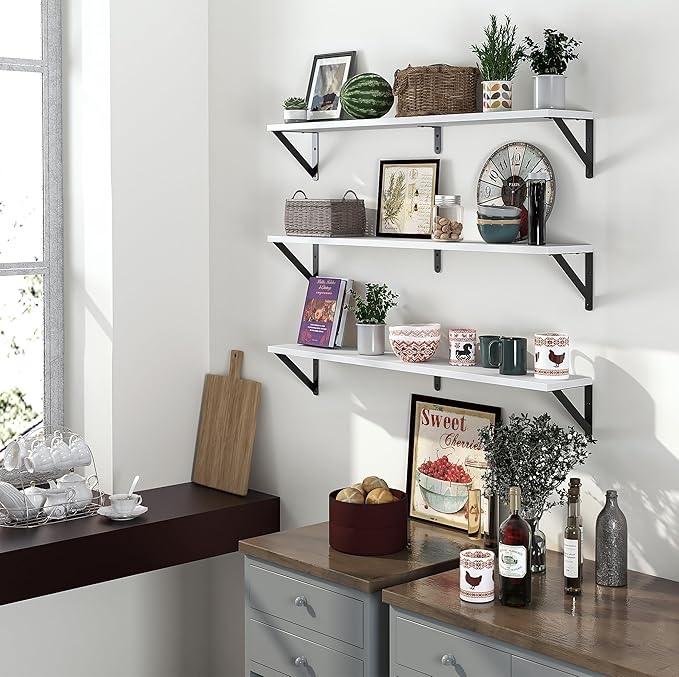 Heimlove Floating Shelves for Wall, 36 Inch Long Wood Floating Bookshelf Set of 3, Wall Mounted Hanging Shelf for Bathroom Bedroom Kitchen, White