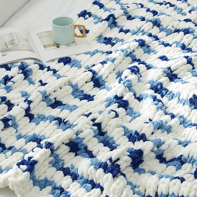 Amélie Home Chunky Knit Throw Blanket for Couch, Soft Chenille Crochet Blanket for Sofa, 50"x60", Space-Dyed Blue Striped