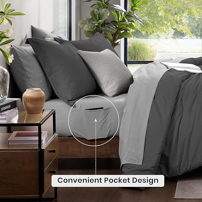 Monbix California King Comforter Set - 7 Pieces Cationic Dyeing Dark Grey Bed in a Bag Cal King Bed Sets with Comforter, Sheets, Pillowcases & Shams, Reversible Bedding Comforters Sets (108 * 92)