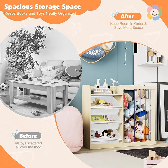 Kids Toy Storage Organizer with 3 Removable Plastic Bins Toddler Montessori Bookshelf with Stuffed Animal Net Holder Baby Bookcase Plush Organizer for Playroom, Bedroom,,Kids Room,Classroom,Nursery