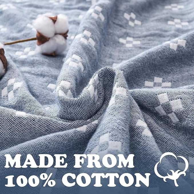 jinchan Boho 100% Cotton Blanket Muslin Lightweight Twin Size Quilted Throw Blanket for Couch Soft Cozy All Season Blanket 3-Layer Floral Throw Cotton Blanket for Bedroom Decor Blue 60x80 Inches