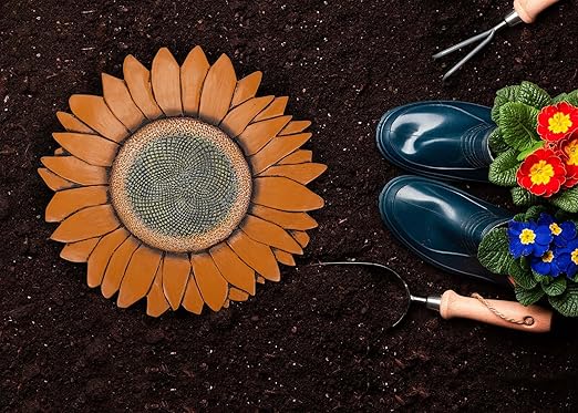 NAT & Jules Sunflower Shaped Dimensional Indoor Outdoor 12 inch Cast Resin Decorative Garden Stepping Stone, Patio, Walkway Sculpture Yard Art, Orange