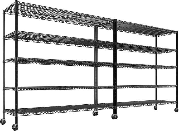 REIBII 85.7" H Storage Shelves 2998LBS Metal Shelving Unit with Wheels & Feet, 5 Tier Garage Shelving Heavy Duty Adjustable Wire Shelf for Pantry Kitchen Garage, 85.7" H X 55.5" W X 24.2" D, 2PCS