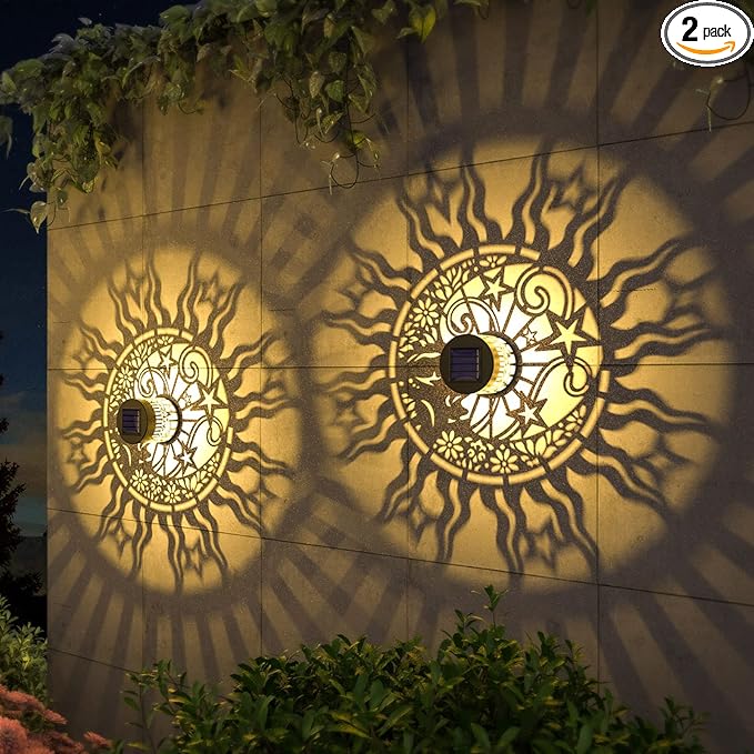 2 Pack Solar Fence Lights Metal Solar Powered Outdoor Wall Deck Lights Sun Moon Theme Waterproof Fence Light for Garden Post Patio Backyard Yard Decor (Face, 2 Pack)