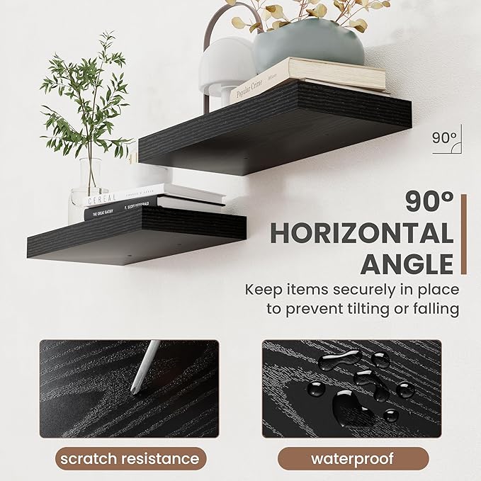 24 Inch Floating Shelves, 8 Inch Deep Floating Shelves for Wall, Hanging Shelf with Invisible Brackets, Deep Shelves for Bathroom, Bedroom, Living Room, Black, Set of 2