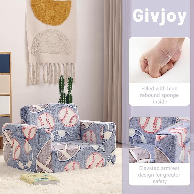 Toddler Chair Kids Couch, 2-in-1 Toddler Soft Sherpa Couch Fold Out Armchair Glow in The Dark with Removable Cover, Convertible Reading Chair Toddler Sofa for Kids, Football