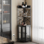 Corner Bar Cabinet with Power Outlet, 5-Tier Corner Wine Cabinet with Led Strip and Glass Holder, Industrial Tall Liquor Cabinet Bar Wine Rack for Home，Black