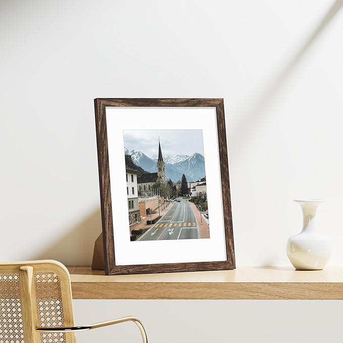 Vittanly 11x14 Picture Frames Set of 9, Shatter Resistant Plexiglass, Display 8x10 Pictures with Mat or 11x14 without Mat, Photo Frames for Wall or Tabletop, Engineered Wood, Brown