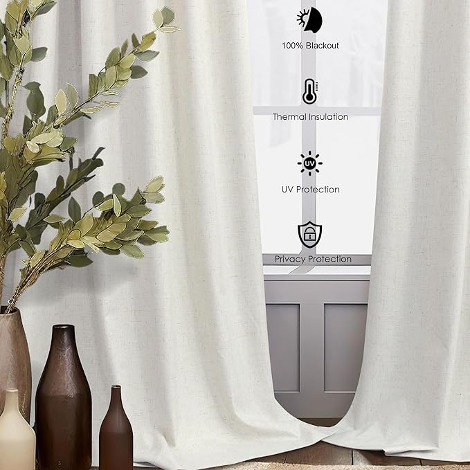 Luxury Linen Extra Long Drapes 132 Inch Blackout Curtains for Bedroom 2 Panel Drop Cloth Cotton Textured Rustic Farmhouse Thermal Darkening Curtain Privacy Room Divider High Ceiling Curtain 11ft Cream