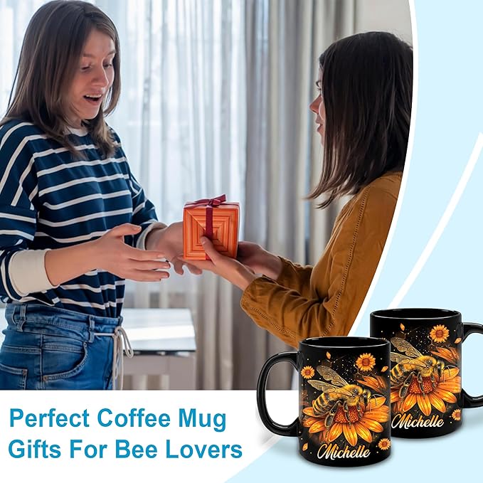 Hyturtle Personalized Sunflower Bee Mug - Bee Keeper Gifts For Women Lovers Teacher - Honey Gifts For Beekeeper Farmer On Birthday - Queen Honeycomb Decor - Custom Coffee Cup Ceramic Mug 11 Oz 15 Oz