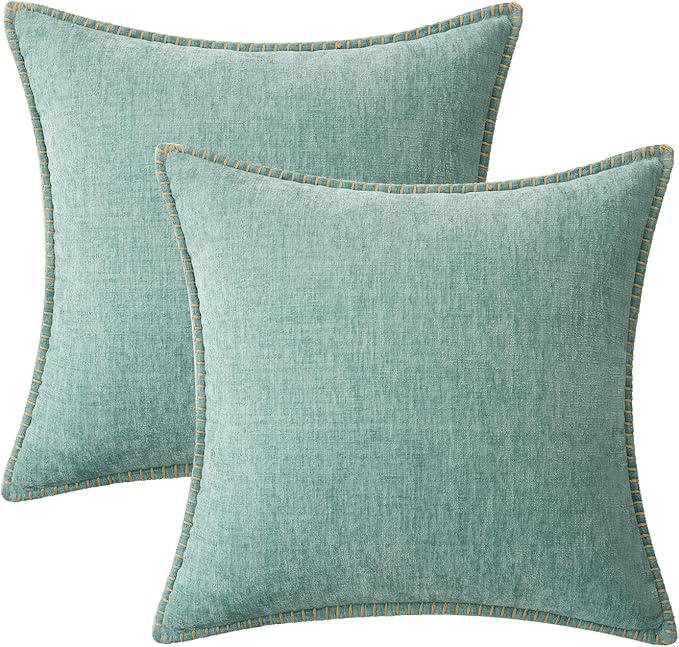 MIULEE Pack of 2 Couch Throw Pillow Covers 18x18 Inch Aqua Green Farmhouse Decorative Pillow Covers with Stitched Edge Soft Chenille Solid Dyed Spring Pillow Covers for Sofa Bed Living Room