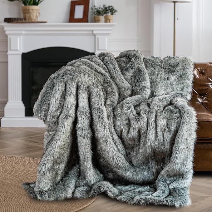 BATTILO HOME Silver Grey Faux Fur Throw Blanket for Couch, Bed, Fake Fur Blankets & Throws, Thick Warm Heavy Fluffy Fuzzy Elegant Furry Blanket Long Pile with Black Tips, 50"x60"