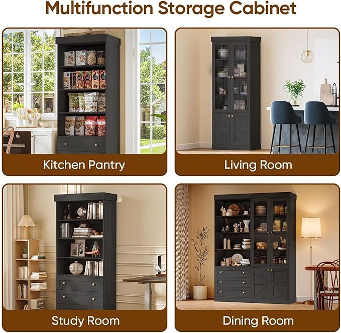 Vyre 71" Tall Farmhouse Bookshelves with Glass Doors, Set of 2 – Large Modular Bookcase with Adjustable Shelves, Storage Cabinet for Living Room, Kitchen, Home Office, Black