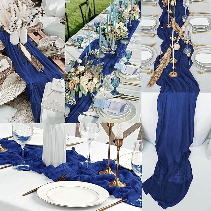 10FT 12 Pack Royal Blue Cheesecloth Table Runner 20 x 120 Inch Long Rustic Gauze Cheese Cloth Table Runner for Wedding Bridal Baby Shower Table Decorations Boho Fabric Sheer Birthday Party Table Decor