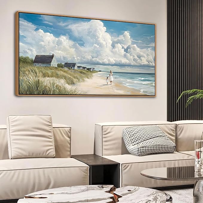 HGUAOA Coastal Canvas Wall Art - Large Landscape Wall Art for Living Room - Ocean and Beach Painting - Blue Artwork for Bedroom Decor - Above Bed Wall Pictures -Beach Theme Print Art