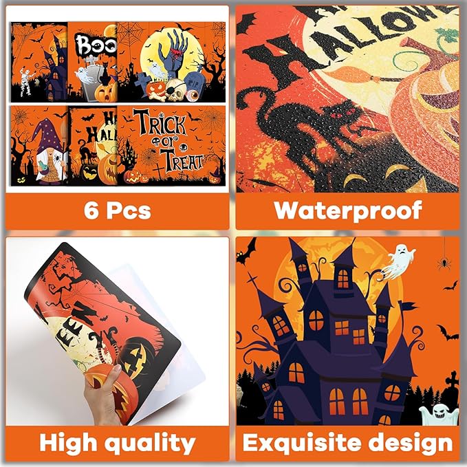 Plastic Placemats Set of 6 Halloween Table Mats - Trick or Treat Kitchen Decor - Wipe Clean, Washable, Recyclable - Orange Place Mats for Indoor/Outdoor - Heat Resistant - Kitchen/Dining Table
