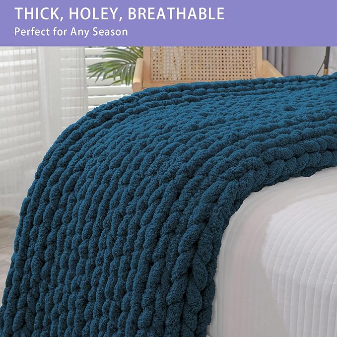 Bigacogo Chunky Knit Throw Blanket for Couch, 40x40 inches, 100% Hand Knitted with Thick Jumbo Chenille Yarn, Cozy Soft Large Rope Knot Cable Crochet Blankets for Sofa Bed Living Room, Deep Sea Blue