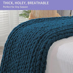 Bigacogo Chunky Knit Throw Blanket for Couch, 51x63 inches, 100% Hand Knitted with Thick Jumbo Chenille Yarn, Cozy Soft Large Rope Knot Cable Crochet Blankets for Sofa Bed Living Room, Deep Sea Blue
