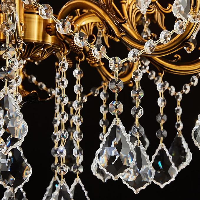 Vintage 8 Arms Crystal Chandelier Candle Light Fixture for Dining Room Living Room Bedroom Hallway Entryway Antique Gold Finish (27"-8 Lights)