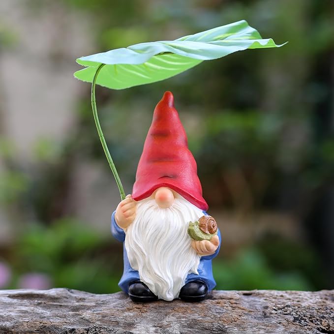 Garden Gnome Statue Decoration with Leaf Umbrella, 7.5” Figurine Ornament for Indoor Outdoor Home Patio Yard Lawn, for Gnome Lovers & Garden Enthusiasts，Mom，Women