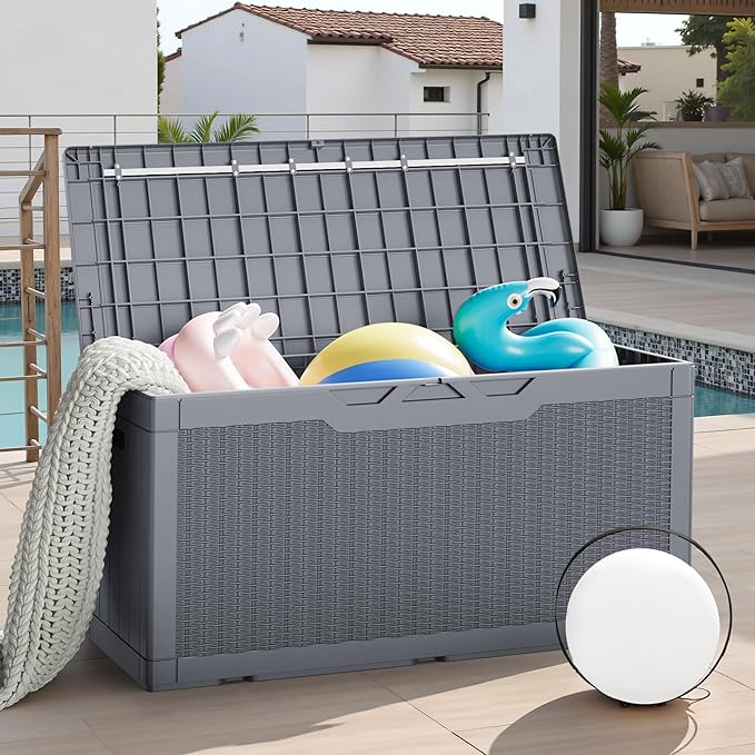 JUMMICO 100 Gallon Resin Deck Box, Waterproof Outdoor Storage Box with Lockable Lid for Garden Tools, Patio Cushions (Gray)